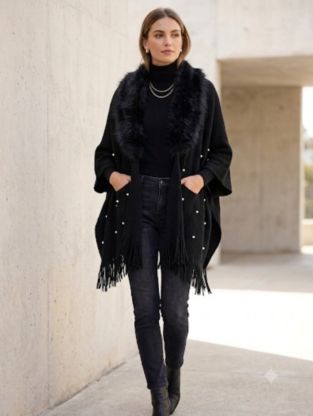 Hayden Black Pearl-Embellished Faux Fur Trim Poncho